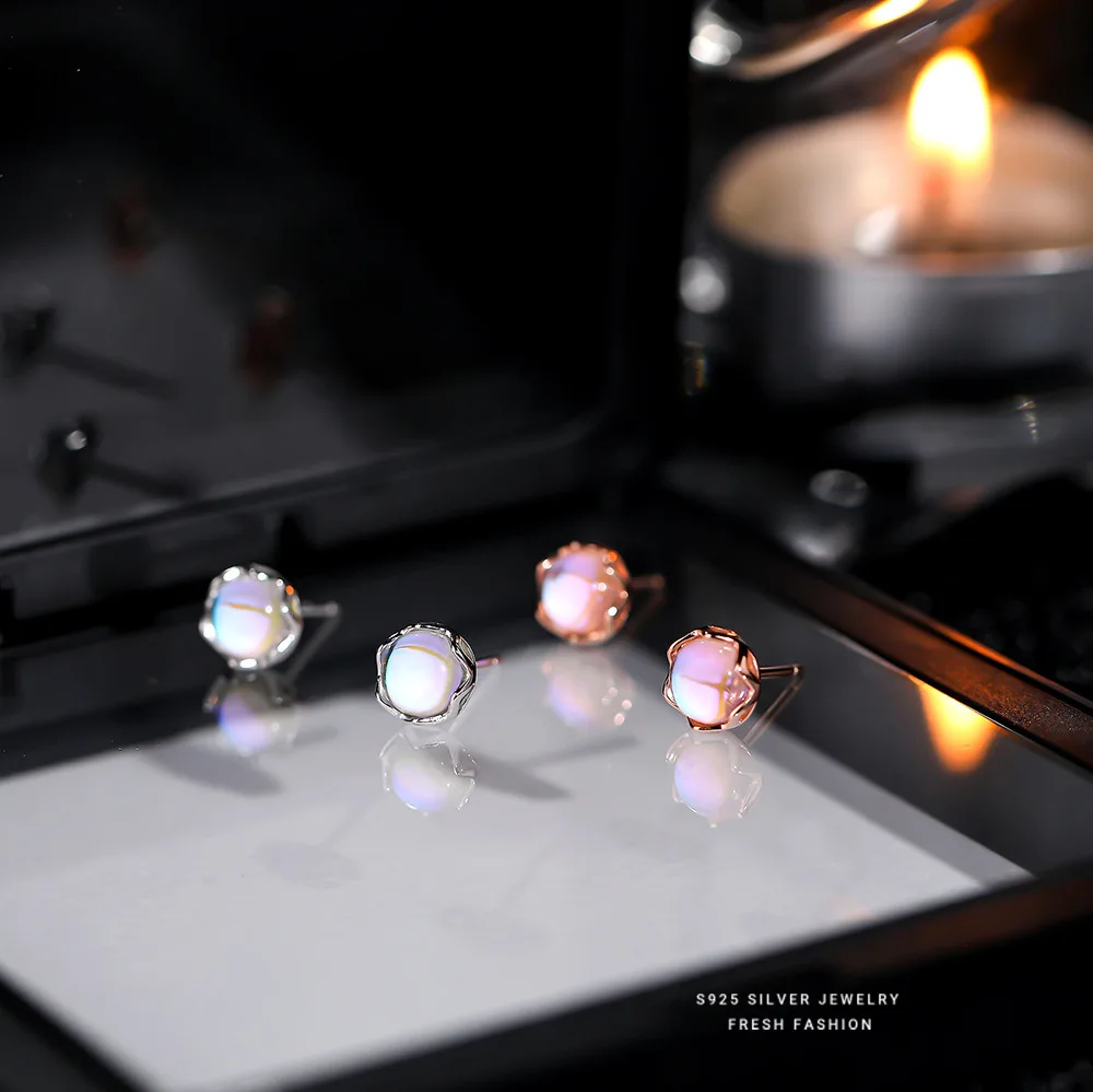 

S925 sterling silver rose gold egg noodles Moon light stone earrings female mini mini -cute temperament new jewelry gift