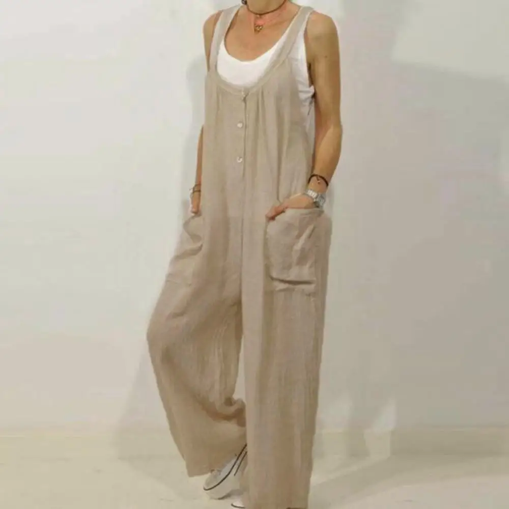 

Solid Color Long Overalls Overall Women Casual Jumpsuits Dungarees Pockets Jumpsuit 5xl Button Cotton Linen Bib Harem