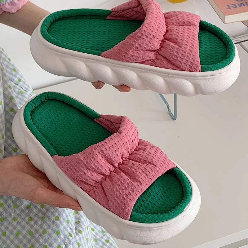 

2022 Fashion Linen Platform Slippers Women Shoes Summer Home Indoor Outdoor Sandals Funny Floor Slides Thick Bottom Flip Flops