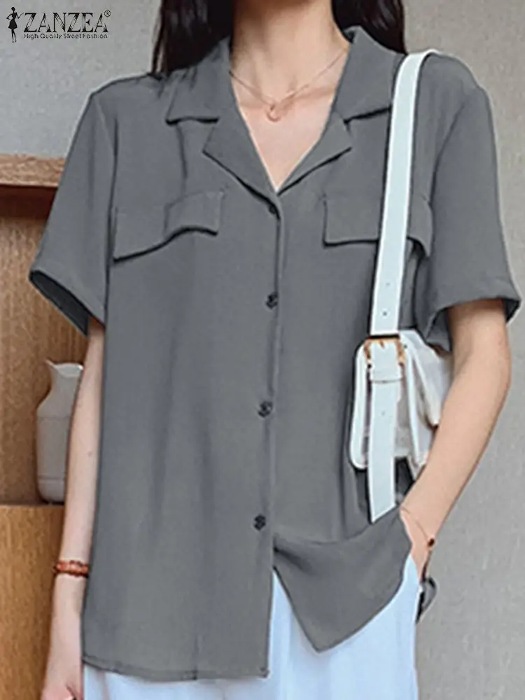 

Блузка ZANZEA женская с коротким рукавом, повседневная однотонная туника с воротником с лацканами, на пуговицах, свободная рубашка, большие размеры, лето 2023