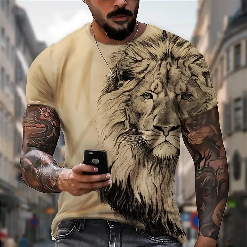 

Summer Lion Print T-shirt 3D Printing Animal Men's Short Sleeve Fashion Street Retro Round Neck T-shirt Extra Large Men's Top