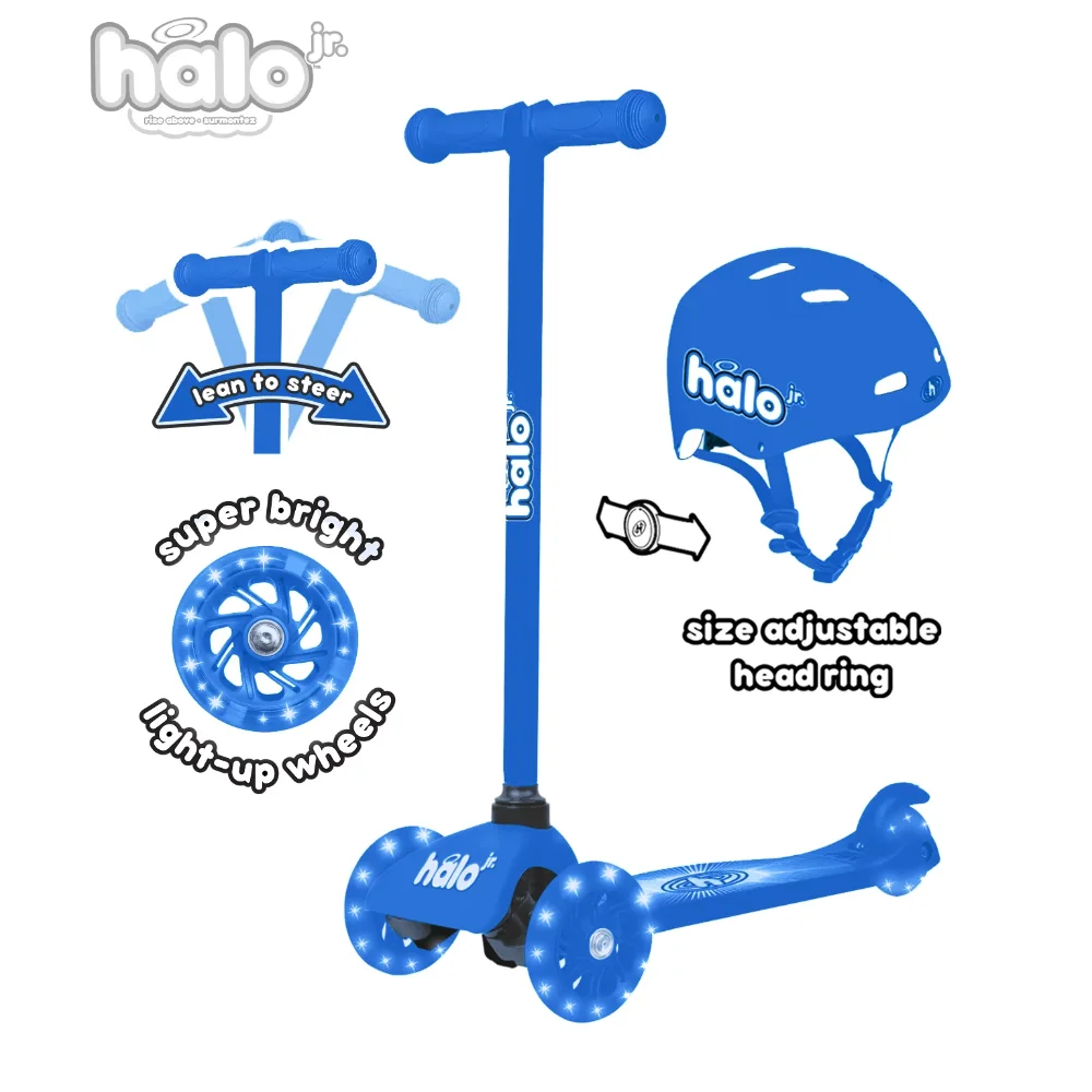 

HALO Rise Above Jr 3 Wheel Scooter & Helmet - Blue - Super-Bright Light Up Wheels - Designed For All Riders (Unisex)