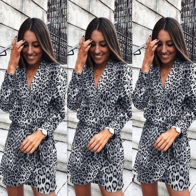 

Spring Summer Office Elegant Dress Sexy Women V-Neck Leopard Print Shirt Dress Ladies Wrap Loose Mini Dress