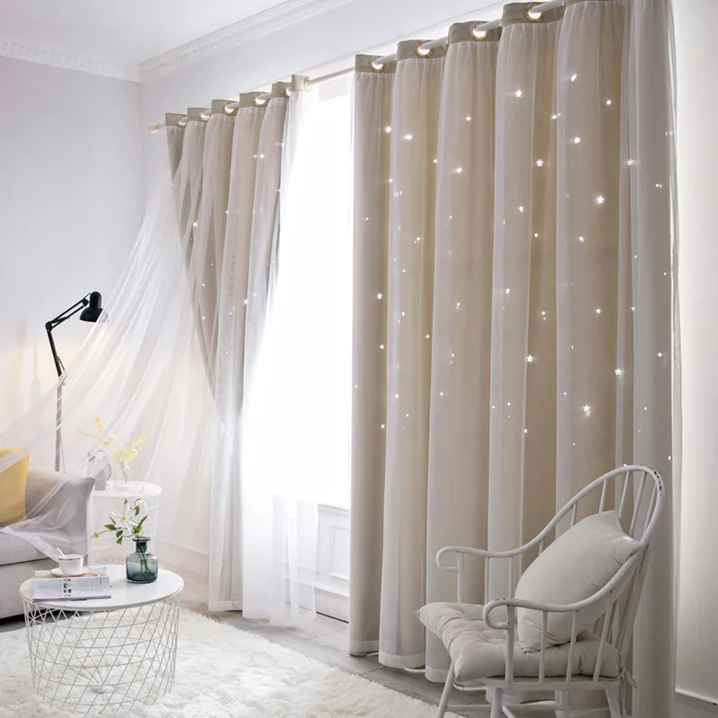 

Hollow Star Curtain Fantasy Princess Style Lace Curtain Finished Product High Blackout Curtain for Balcony Living Room Bedroom