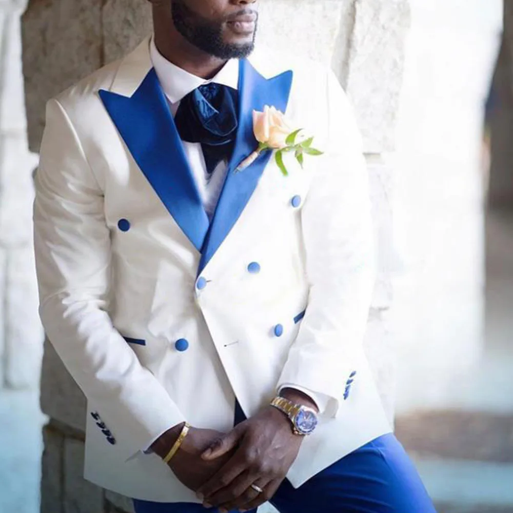 

Свадебный костюм для мужчин, белый, синий новый стиль, приталенный Повседневный пиджак, 2 шт., большой и высокий наряд, деловой мужской комплект из блейзера и брюк