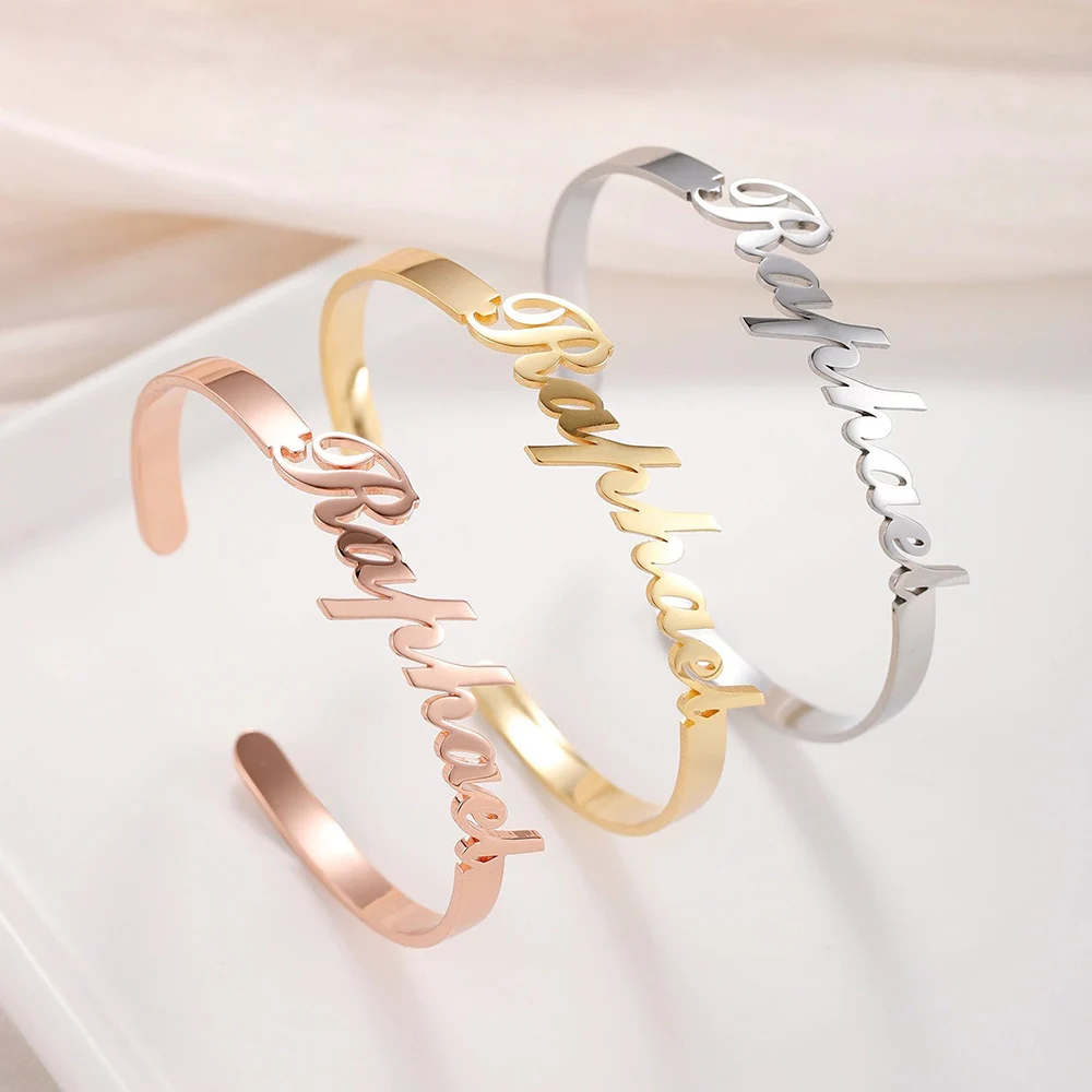 

Customized Nameplate Name Bracelet Personalized Custom Cuff Bangles Women Men Rose Gold Stainless Steel Jewelry Dropshipping