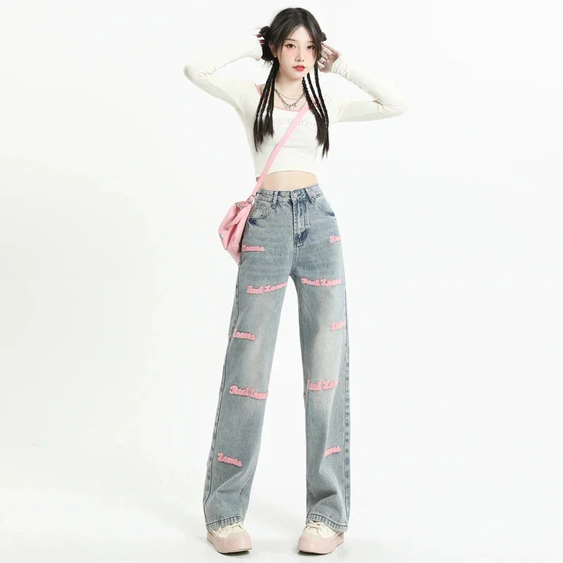 

Прямые джинсы с завышенной талией для женщин Y2k, уличная одежда, летние корейские брюки Dongdaemun 2023, Женские Мешковатые синие джинсовые брюки, винтажные
