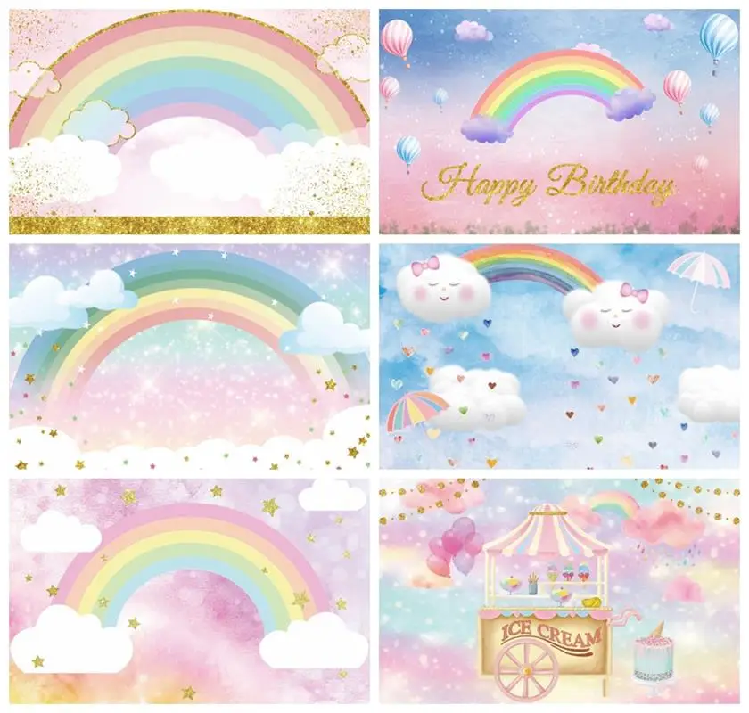 Laeacco Princess Dream Scene Sparkling Rainbow Gold Sequins Cloudy Backgrounds Baby Customized Photocall Photography Backdrops