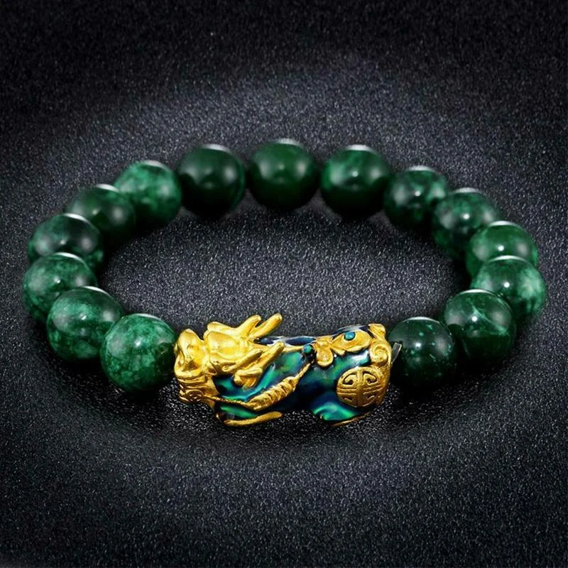 

Green Jade Stone Beads Bracelet Unisex Chinese Feng Shui Pi Xiu Obsidian Wristband Gold Wealth Lucky Pixiu Women Men Bracelets