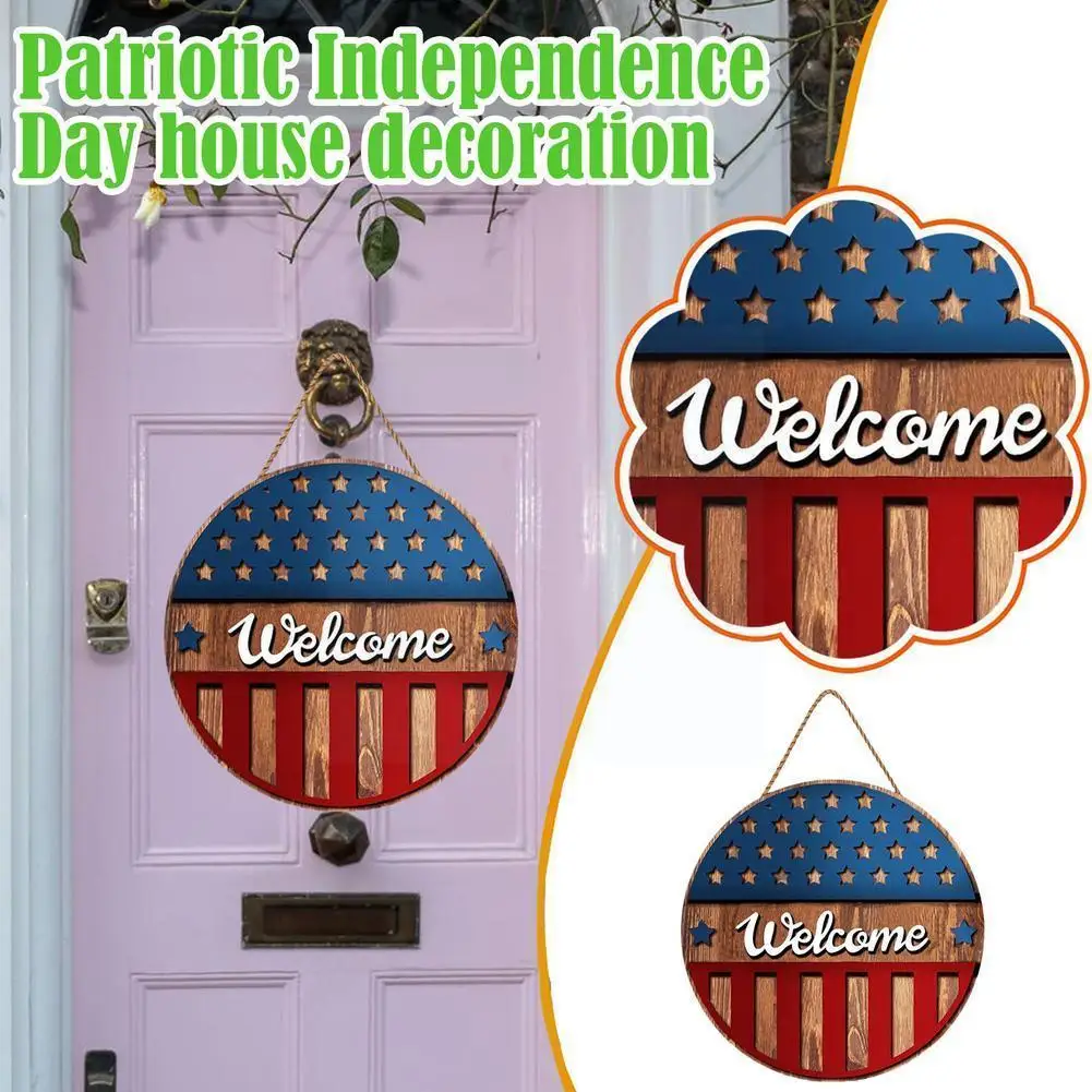 

4th Of July American Flag Welcome Door Sign Independence Patriotic Garden Decoration Home Interior Day Decoration Wooden Ou N7P3