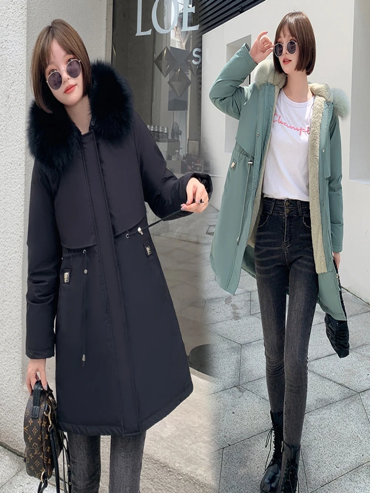 2022 New Winter Jacket Women Parkas Warm Fur Collar Jacket Long Hooded Parka Coat Female Fur Lining Thick Office Lady Streetwear