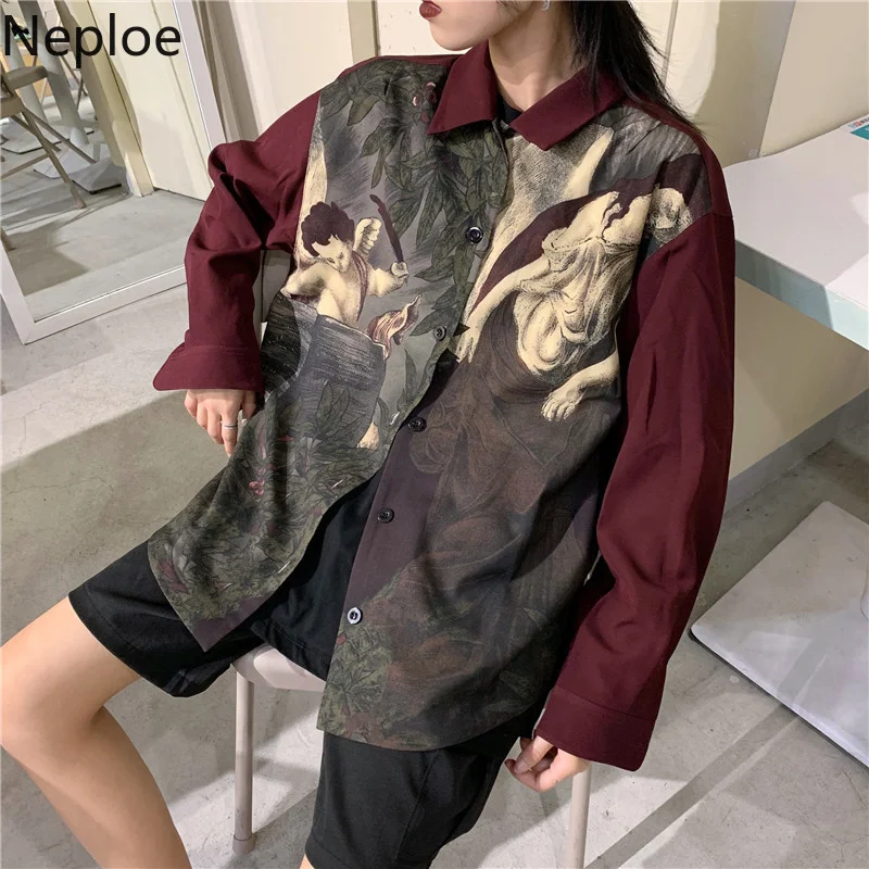 

Neploe Vintage Angel Print Blouse Shirt Japanese Streetwear Blusas Cardigan Long Sleeve Oversized Tops Women Men Clothes Blusas