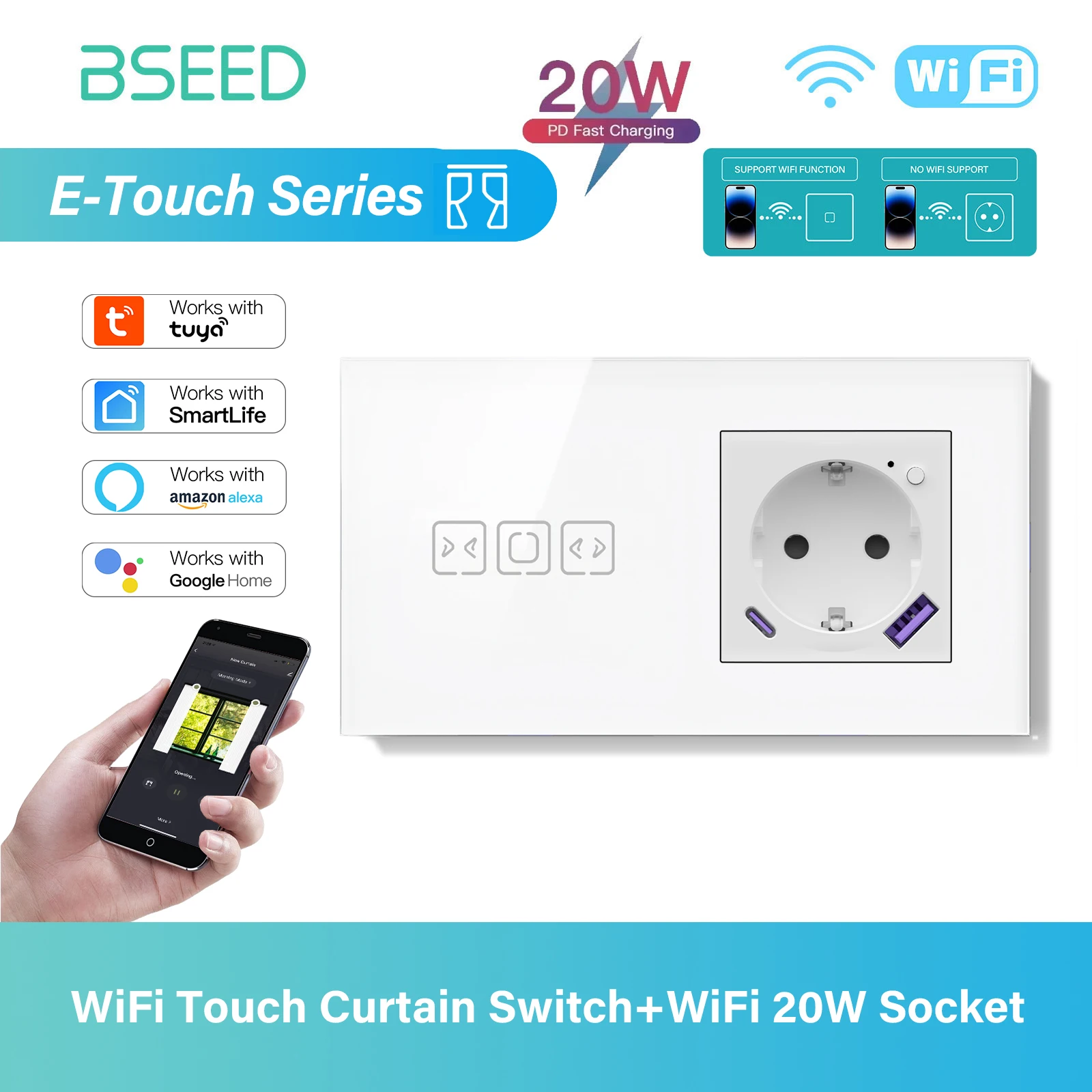 BSEED Tuya WIFI переключатель штор Smart Touch переключатели штор стеклянная рамка Tuya APP переключатель ЕС настенные розетки с USB-C для виллы Ho