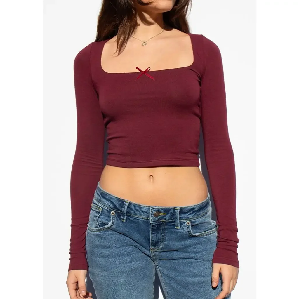 Женский облегающий Топ с длинным рукавом квадратным вырезом и бантом