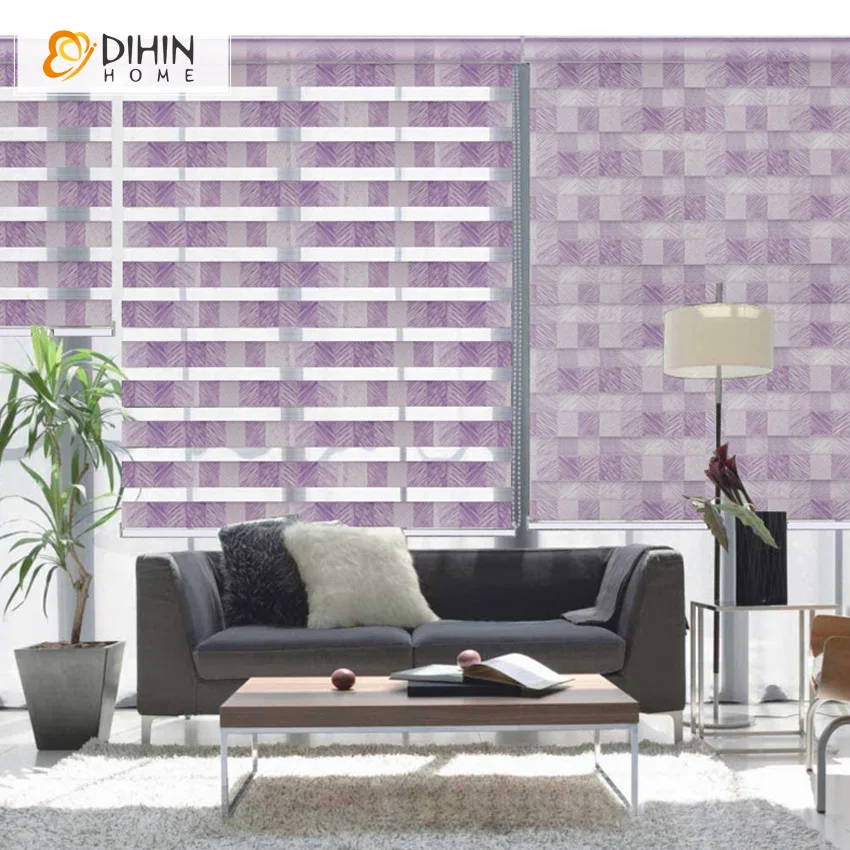 

Modern Purple Color Geometric Customized Blackout Zebra Blinds Thickening Roller Shutter Double Layer Shade Cut to Sizes