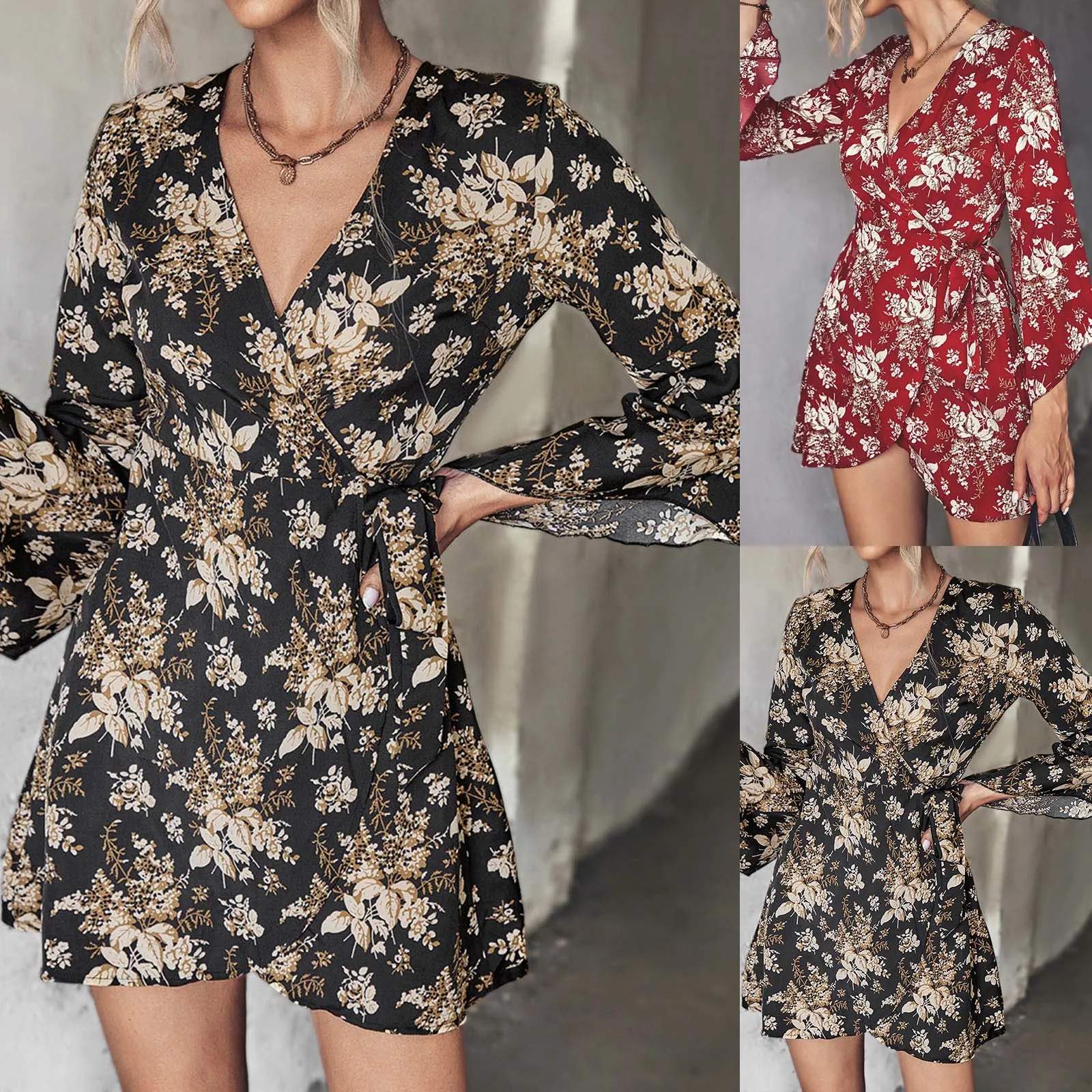 

Женское свободное платье-футболка с цветочным принтом, V-образным вырезом и длинным рукавом