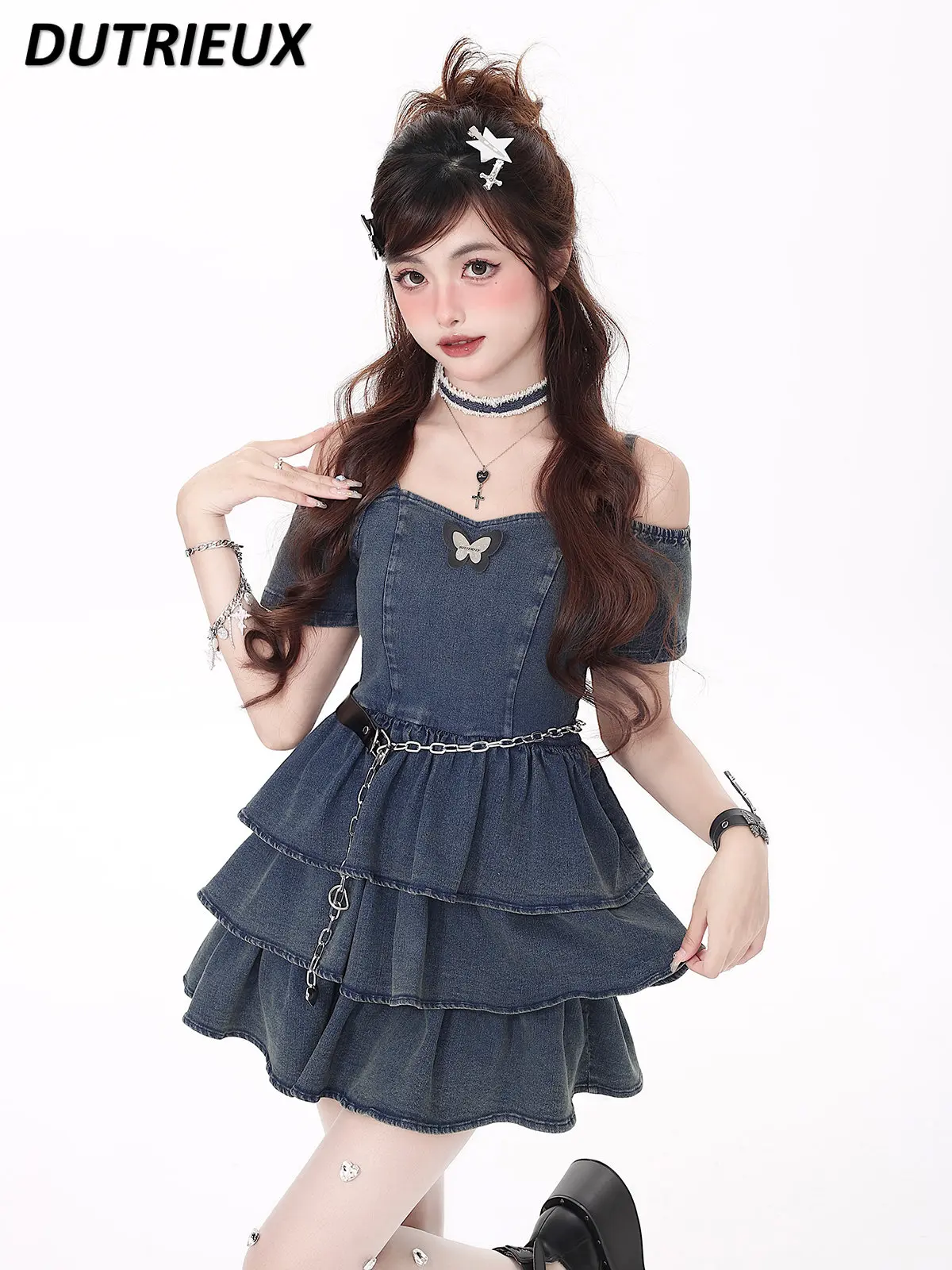 

Hot Girl Denim Summer Short Sleeve Slim Vintage Dress Sweet Off-Shoulder Cake Short Dress for Women with Waist Chain