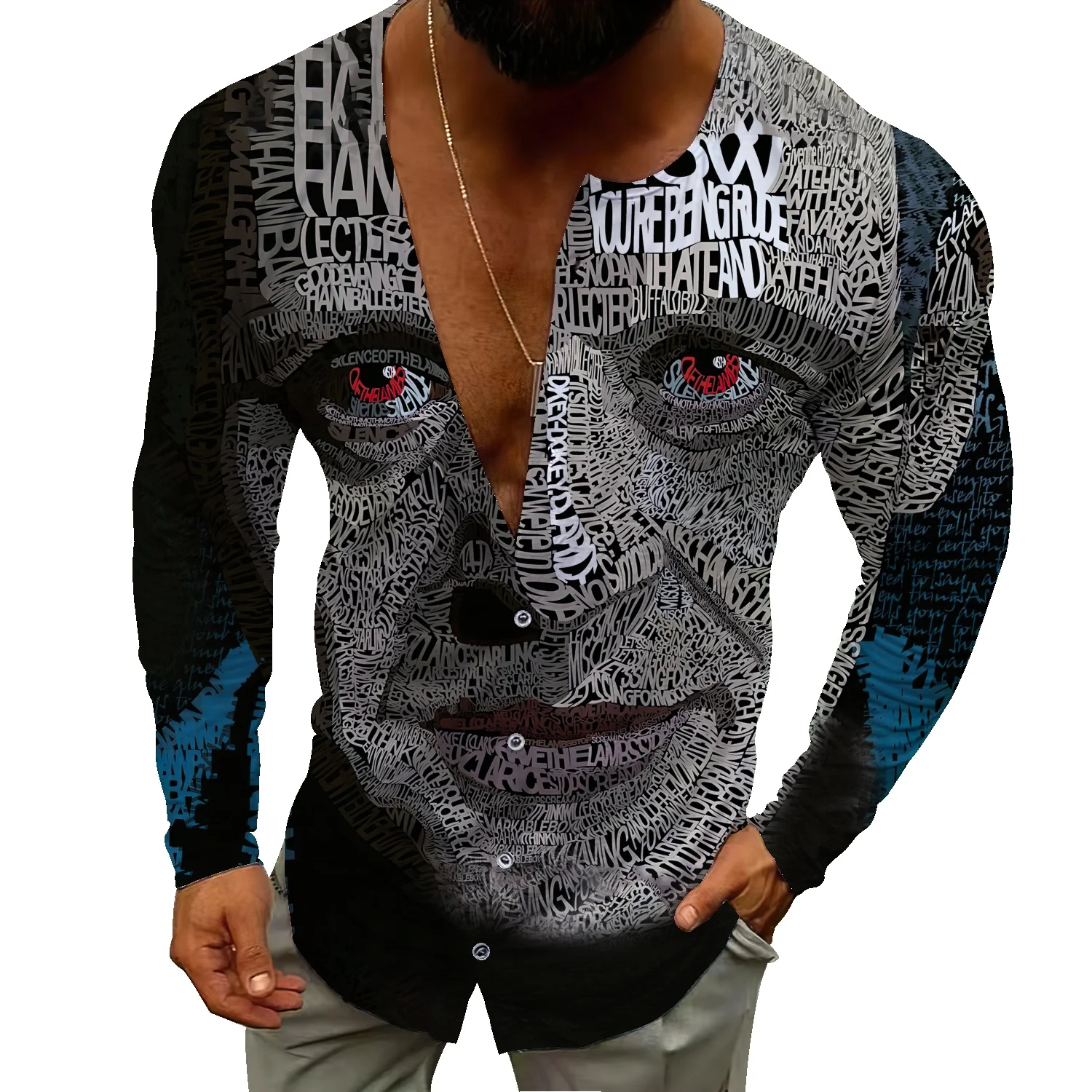 

Spring new men's casual sports shirt European and American abstract character portrait long-sleeved shirt