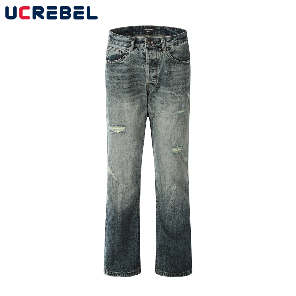 

Мужские рваные джинсовые брюки Vibe, потертые прямые повседневные брюки в стиле ретро, мужские джинсы
