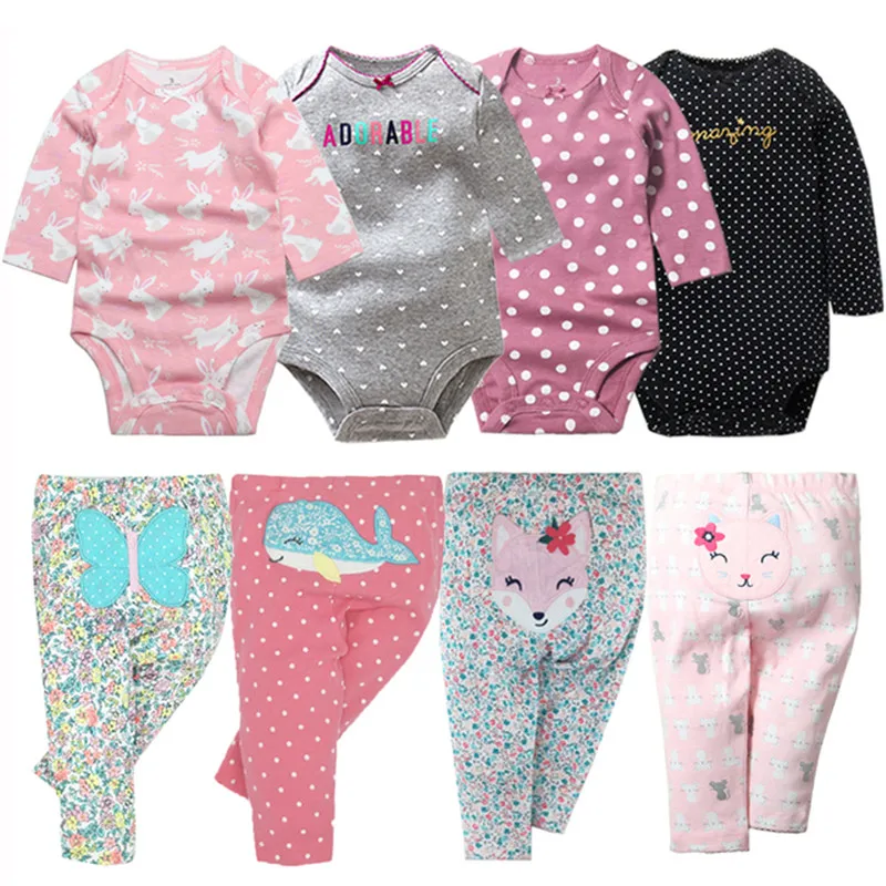 2022 4PCS Baby Bodysuits+4PCS Baby Pants Infant Striped Newborn Ropa Bebe Clothing Long Sleeve Jumpsuit Boy&girls Clothes Set
