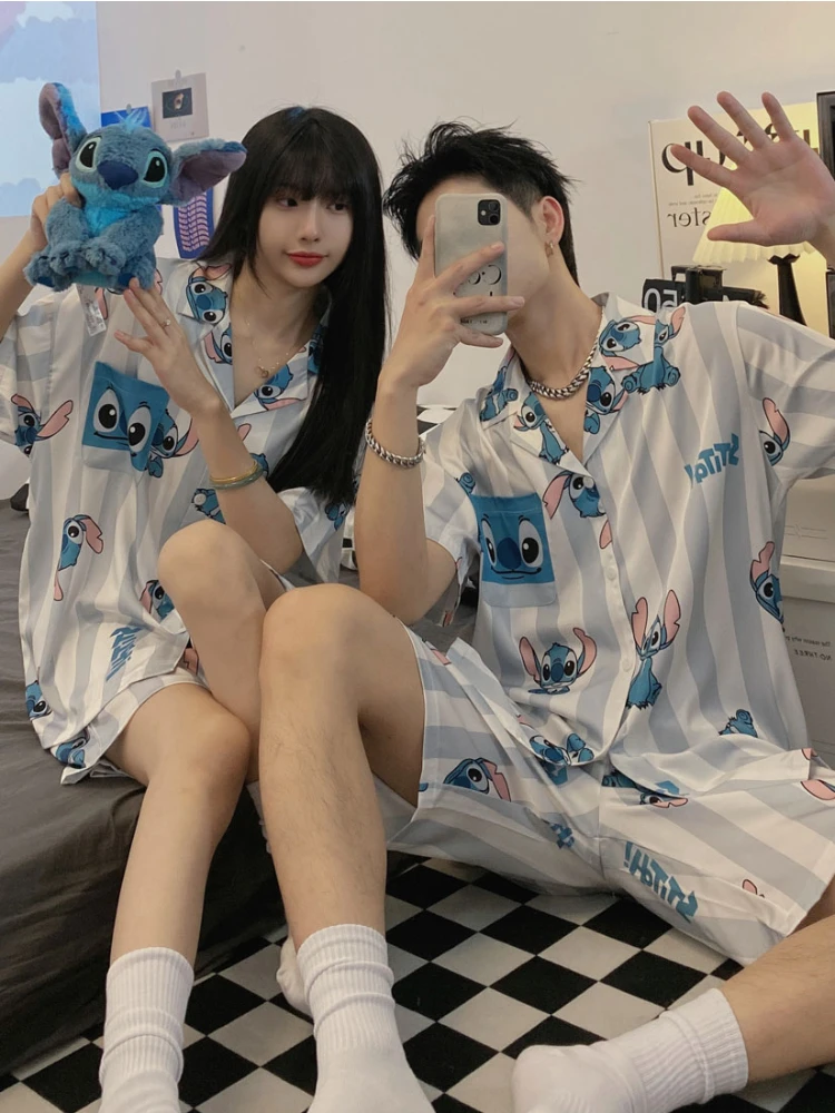 Disney High Quality Stitch Satin Pajamas Set for Women Men Soft Top and Shorts Stain Home Suit Cute Kawaii Couples Sleepwear