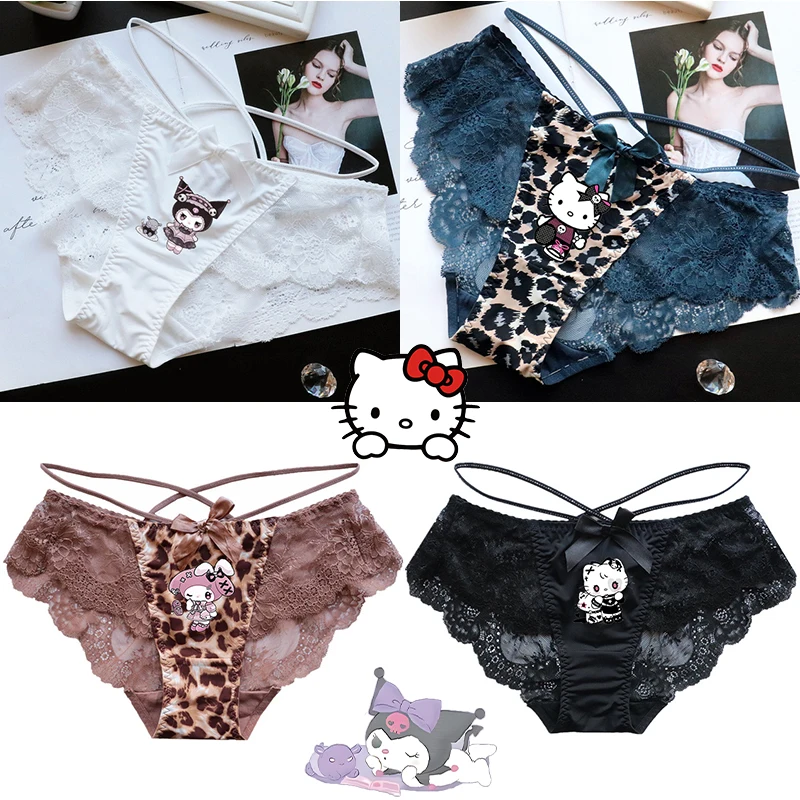 

New Anime Kawaii Hello Kitty Kuromi Cinnamoroll Cute Cartoon Thong European American Ribbon Print Women Leopard Lace Pants Brief