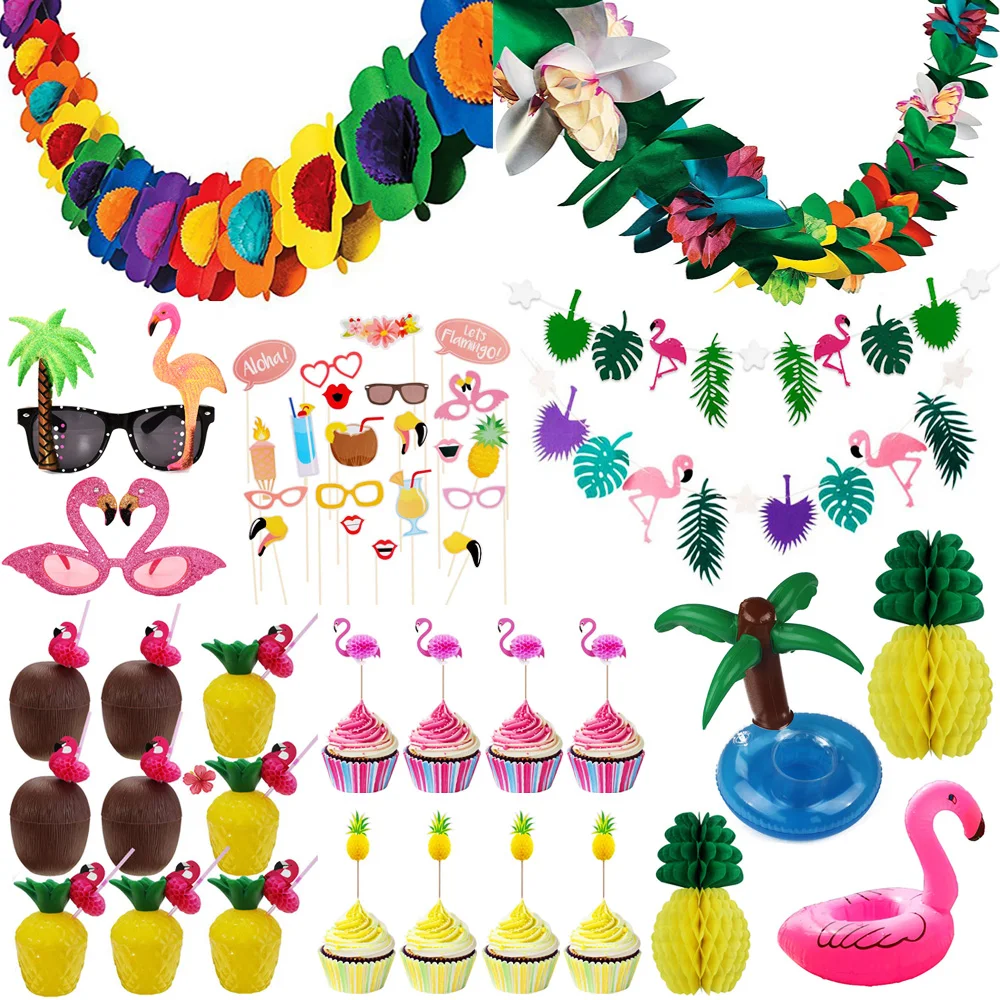 

Hawaiian Party Flamingo Decorations Pineapple Straws Cake Topper Flower Garland Banner Tropical Summer Luau Aloha Party Decor