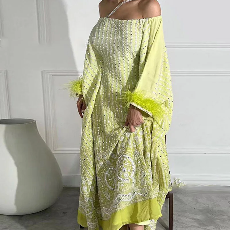 

Elegant Feather Patchwork Dress Spring Retro Slash Neck Diamond Print Party Dress Fashion Off Shoulder Batwing Sleeve Long Dress