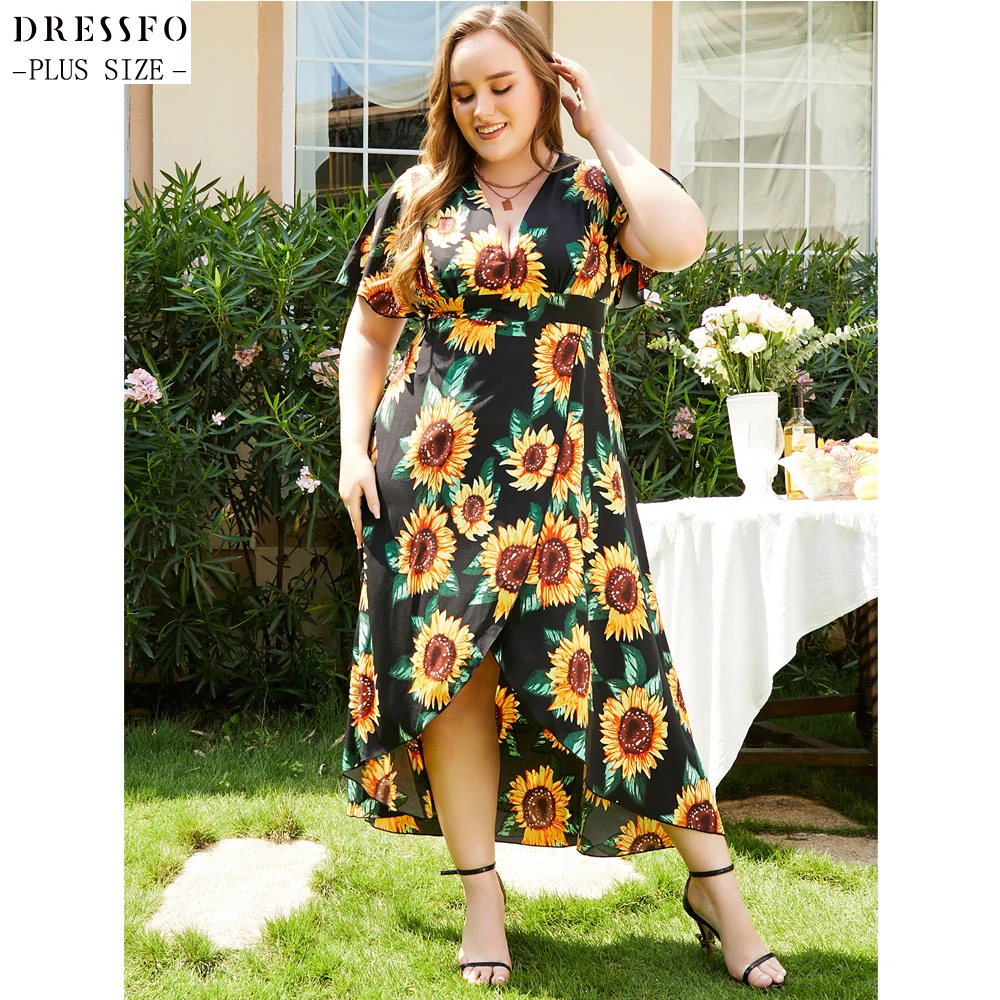 

Dressfo L-5XL Plus Size Curve Dress For Women Garden Party Sunflower Plunge High Waisted Maxi High Low Vacation Robe