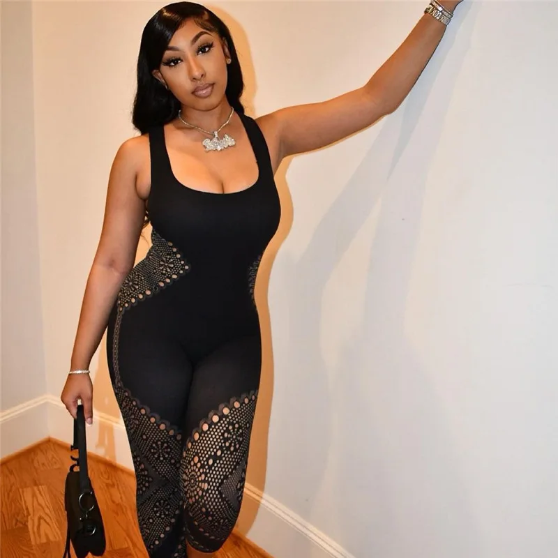 

Zabrina Sleeveless Elastic Body-Shaping Club Outfit Women Solid Sexy Midnight Low Neck Knitting See Through Stitching Jumpsuits