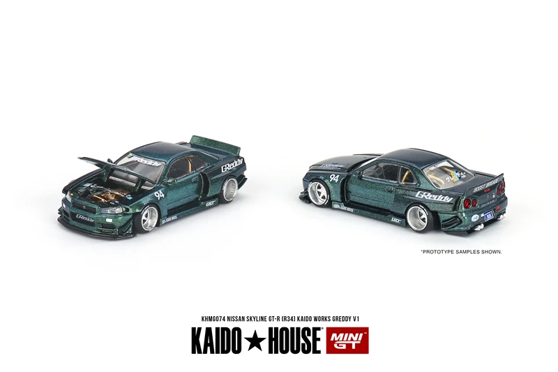 

（Pre-Order） Kaido House x MINI GT 1:64 Nissan Skyline GT 1:64-R (R34) Kaido Works GReddy V1 Green Diecast Model Car