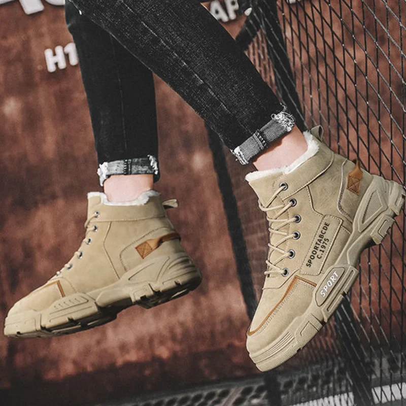 Ботинки мужские зимние плюшевые повседневные на шнуровке нескользящие теплые