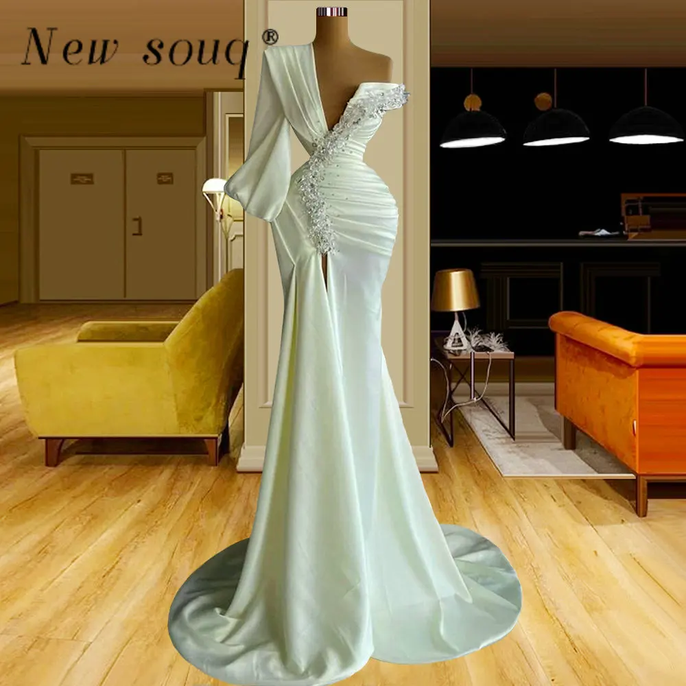 

Elegant One Shoulder Long Evening Dresses Crystals Mermaid Wedding Party Dress Ruched Women Formal Prom Pageant Gowns With Slit