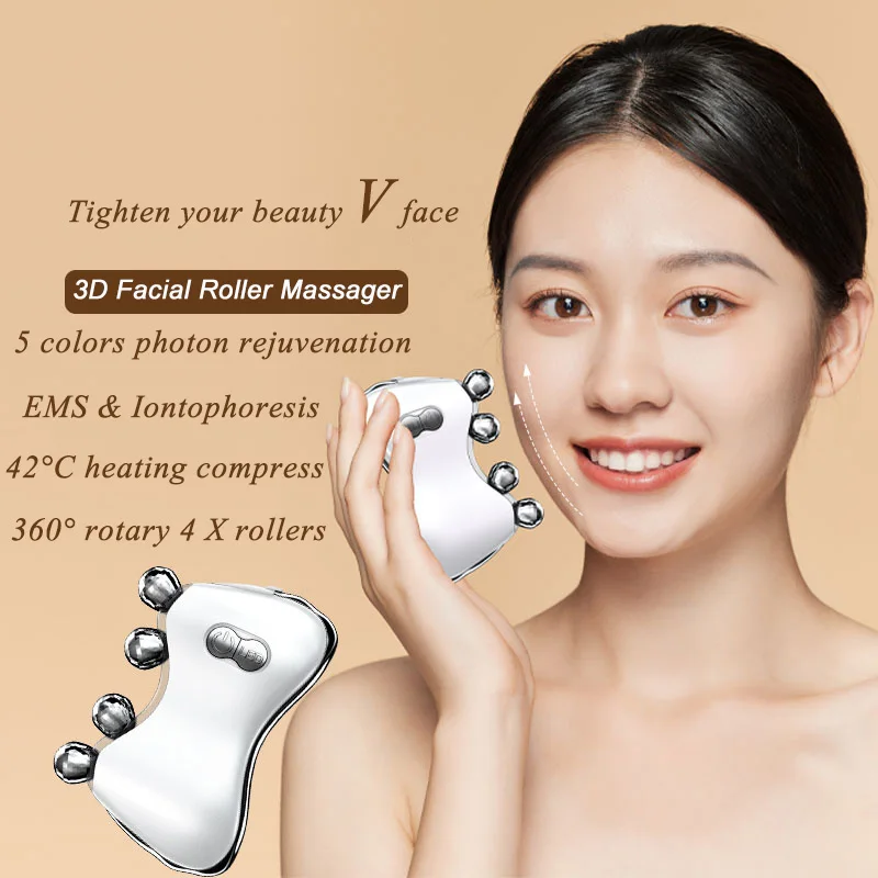 

2023 New Beauty Electric 3d Ems Iontophoresis Vibrating Warm Photon Facial Neck Skin Roller Lifting Tighten Massager