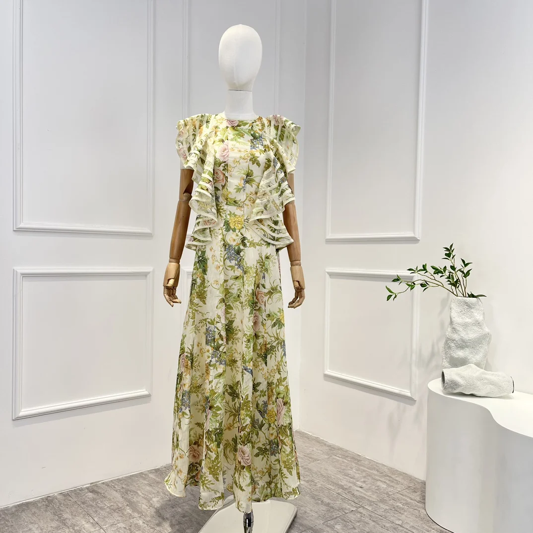 

New High Quality Spring Summer 2023 Green Floral Printing Vintage Elegant Sleeveless Pleat Ruffles Backless Woman Midi Dress