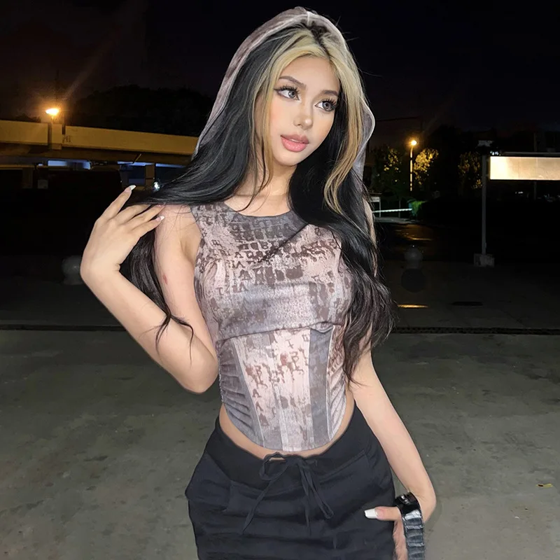 

Luxury Designer Clothing Women 2023 Summer New Solid Color Slim Fit Open Navel Street Fashion Hooded Sleeveless Tank Top