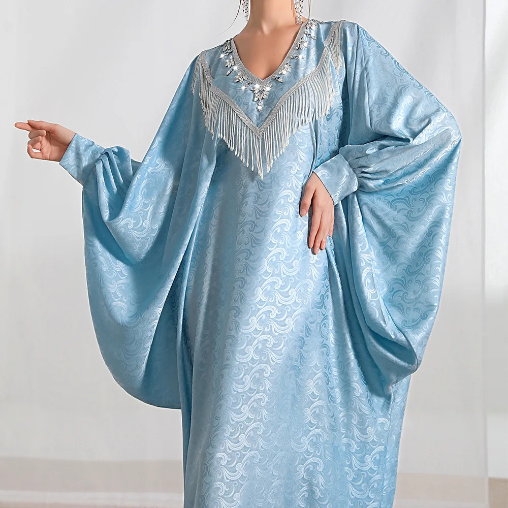Women Spring and Summer Muslim Celebrities Handmade Beads Fringe Bat Shirt Robe Turkey Abaya Arab Morocco Kraftan Robe