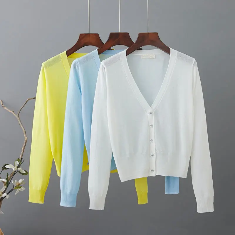 

Women 2022 Summer Sun Protection V-Neck Long Sleeve Knitted Cardigan Female Thin Small Coat Sunscreen Elegant Knitwear Tops D75