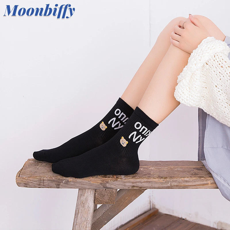 

Fashion Women Socks White Black Gray Letters Pattern Bears Women Soft Cotton Socks