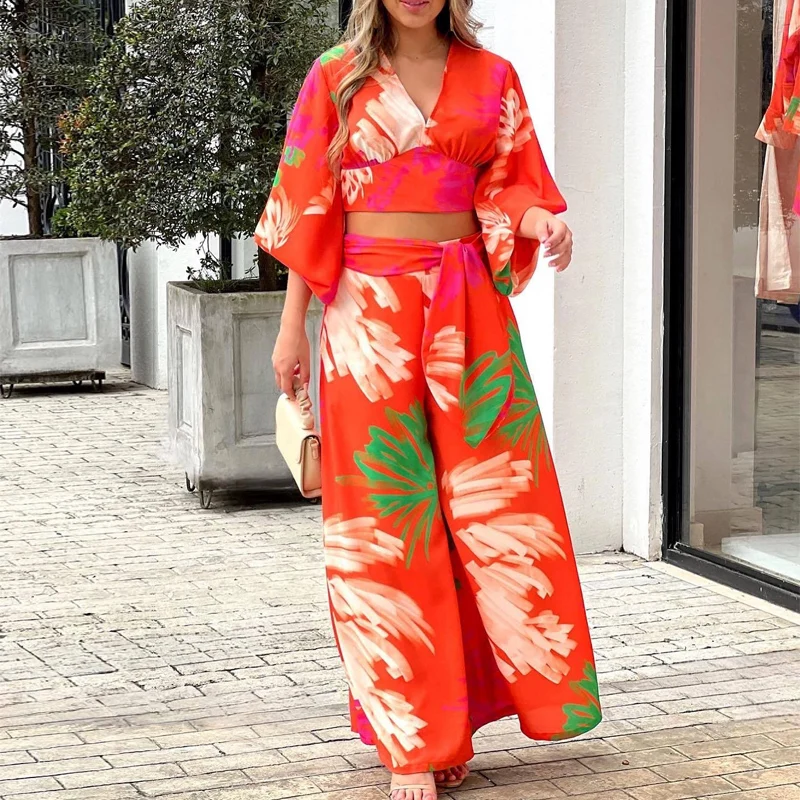 

Fashion Casual Lapel Lace-up Wide Leg Pants Suits New Autumn V Neck Pattern Print Long Sleeve Set Elegant High Street 2pcs Suit