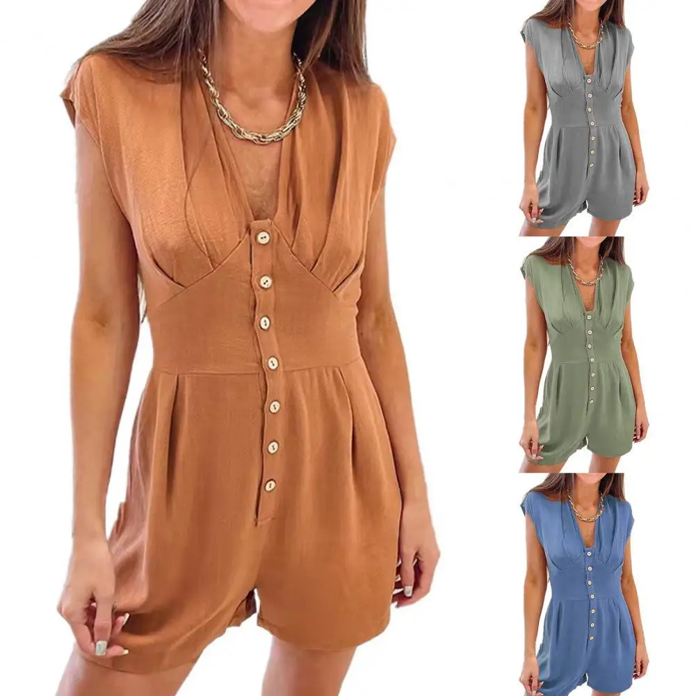 

Solid Playsuits Single-Breasted Short Sleeve Bodysuits Vintage Biker Overalls Women V Collar Jumpsuits Rompers