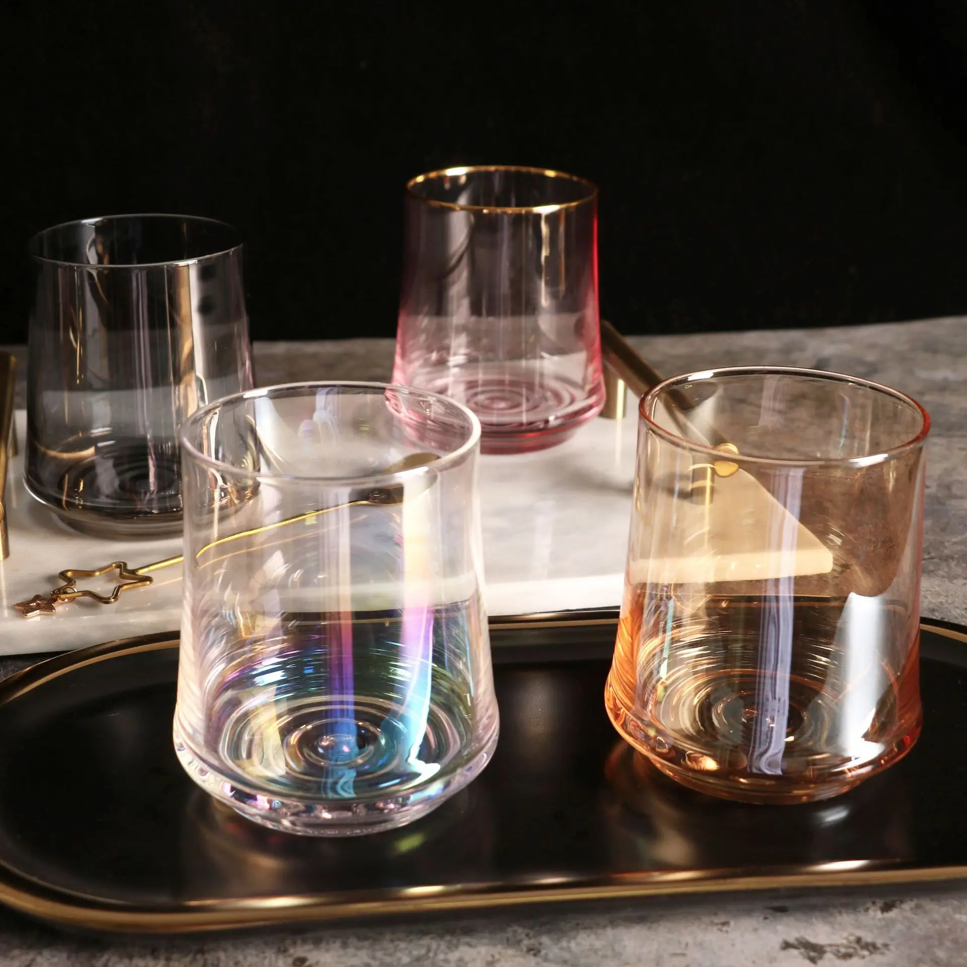 Ins Glass Water Glass Colorful Home Whisky Glass Thick-bottomed Ion-plated Juice Glass High Temperature High Borosilicate