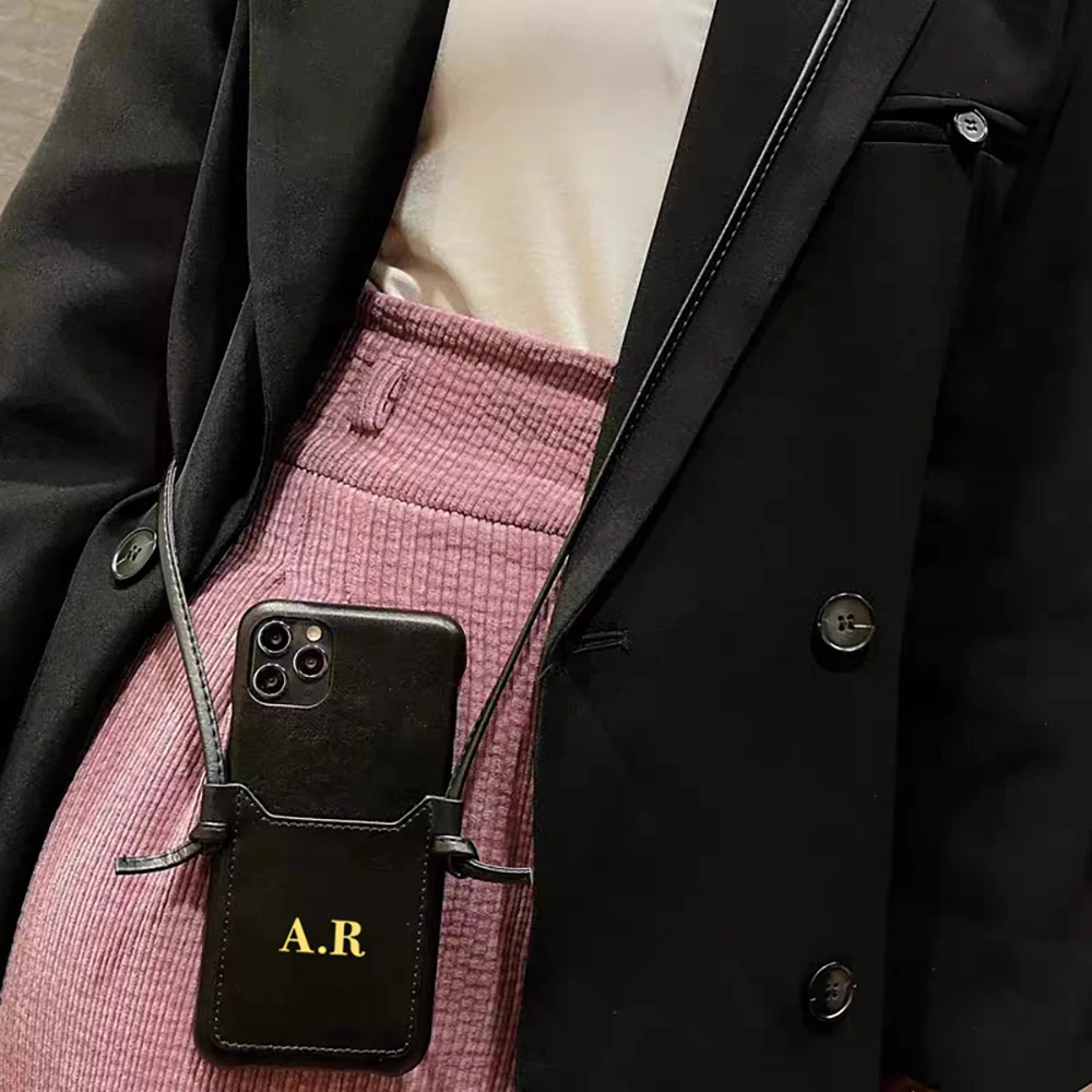 

Luxury Customized Name Letter Leather Crossbody Card Slot Phone Case For iPhone 13 12 11 Pro XS Max XR X 8 7 Plus SE Soft Cover