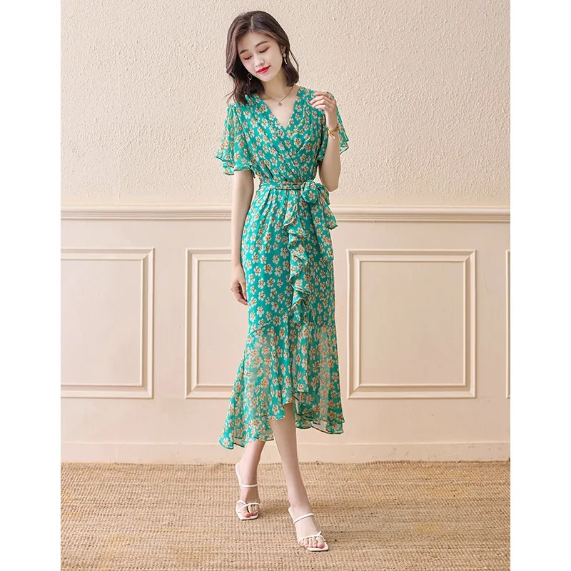 

Asian women French floral Y2K dress Women's summer green chiffon celebrity temperament waist fitting long fishtail skirt 원피스