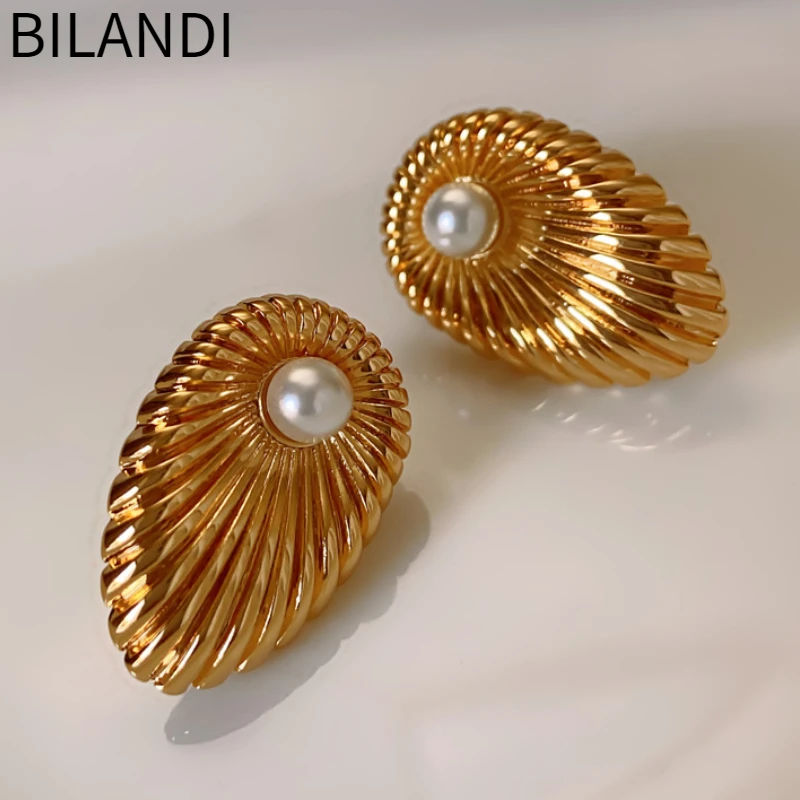 

Bilandi Trendy Jewelry 925 Silver Needle Simulated Pearl Metallic Geometric Gold Color Stud Earrings for Women Girl Gift