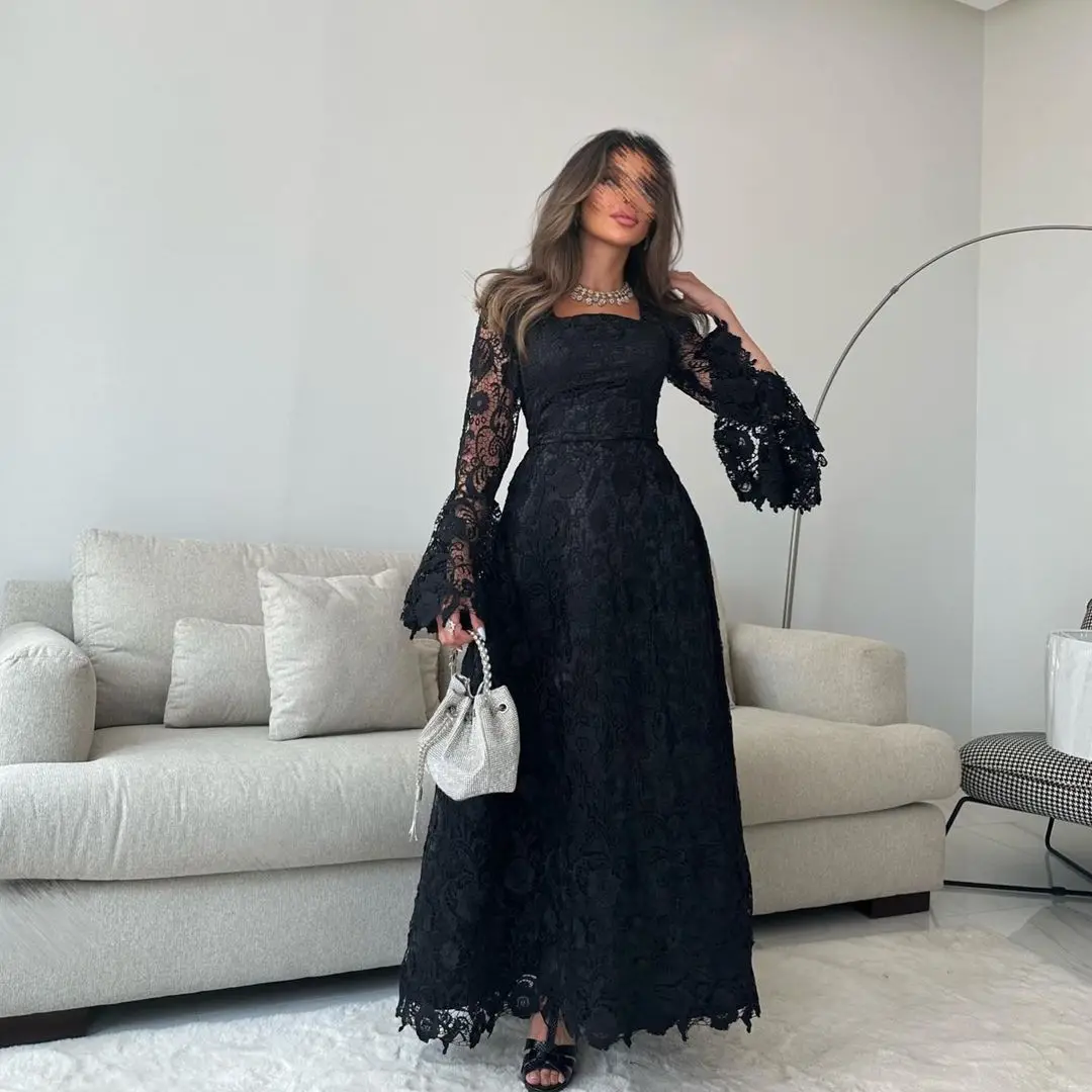 

Vintage Black Lace Long Sleeves Prom Dresses Pleated Party Gowns Robes de soirée Ankle Length Formal Occasion Dresses