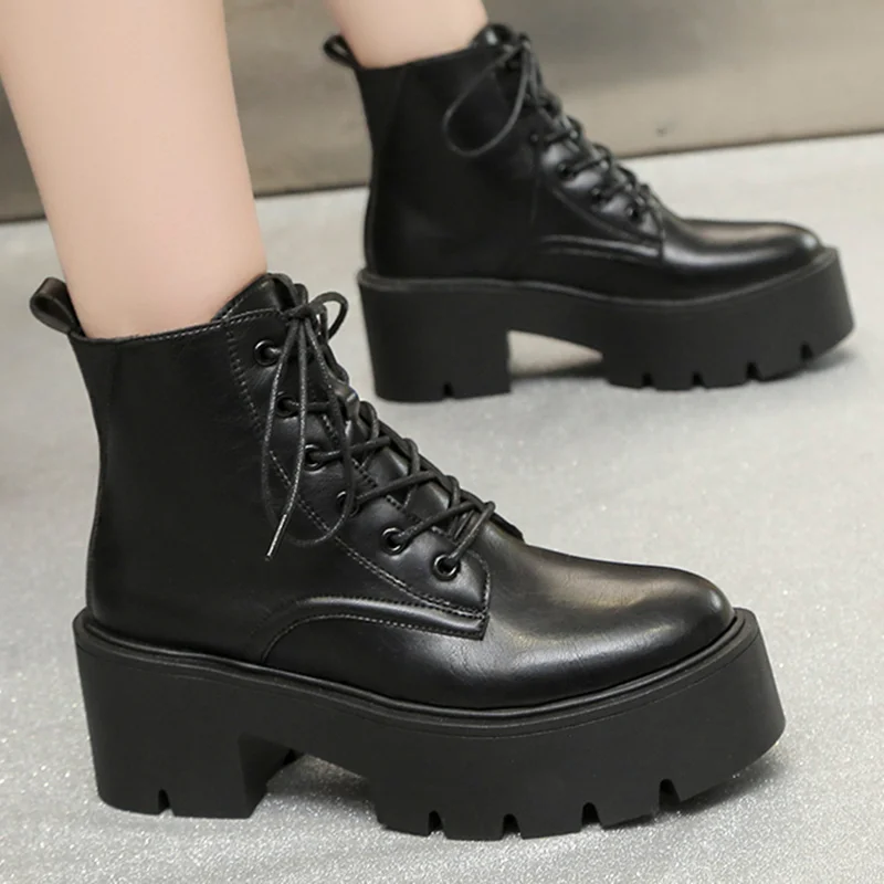 Chunky Platform Ankle Boots for Women Winter/ Autumn Thick Bottom Lace Up Shoes Woman Retro Black Leather Short Boots HighHeels