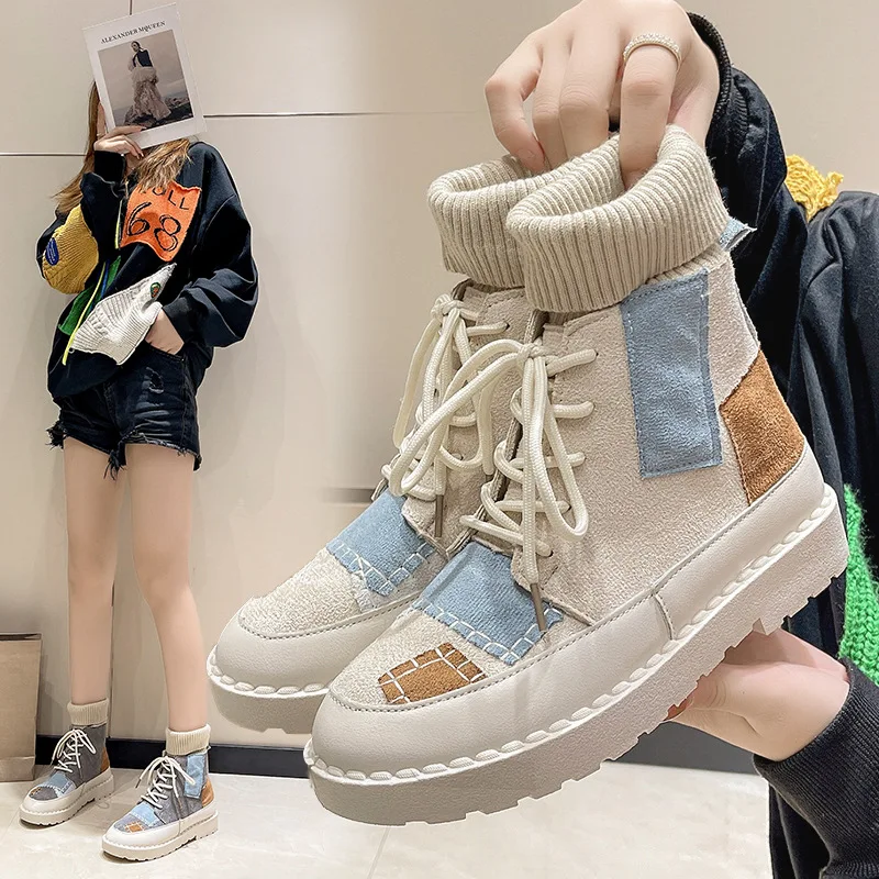 Trend Spring Women Canvas Boots Color Contrast Winter Plush Cotton Boots Elastic Cloth Socks Shoes Retro Casual High top Shoes