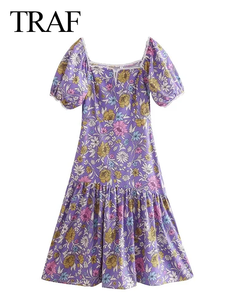 

TRAF Elegant Retro Purple Floral Print Puff Sleeve Lady Dress Square Neck Lace Trim Cuffs Casual Women's Dress Summer New