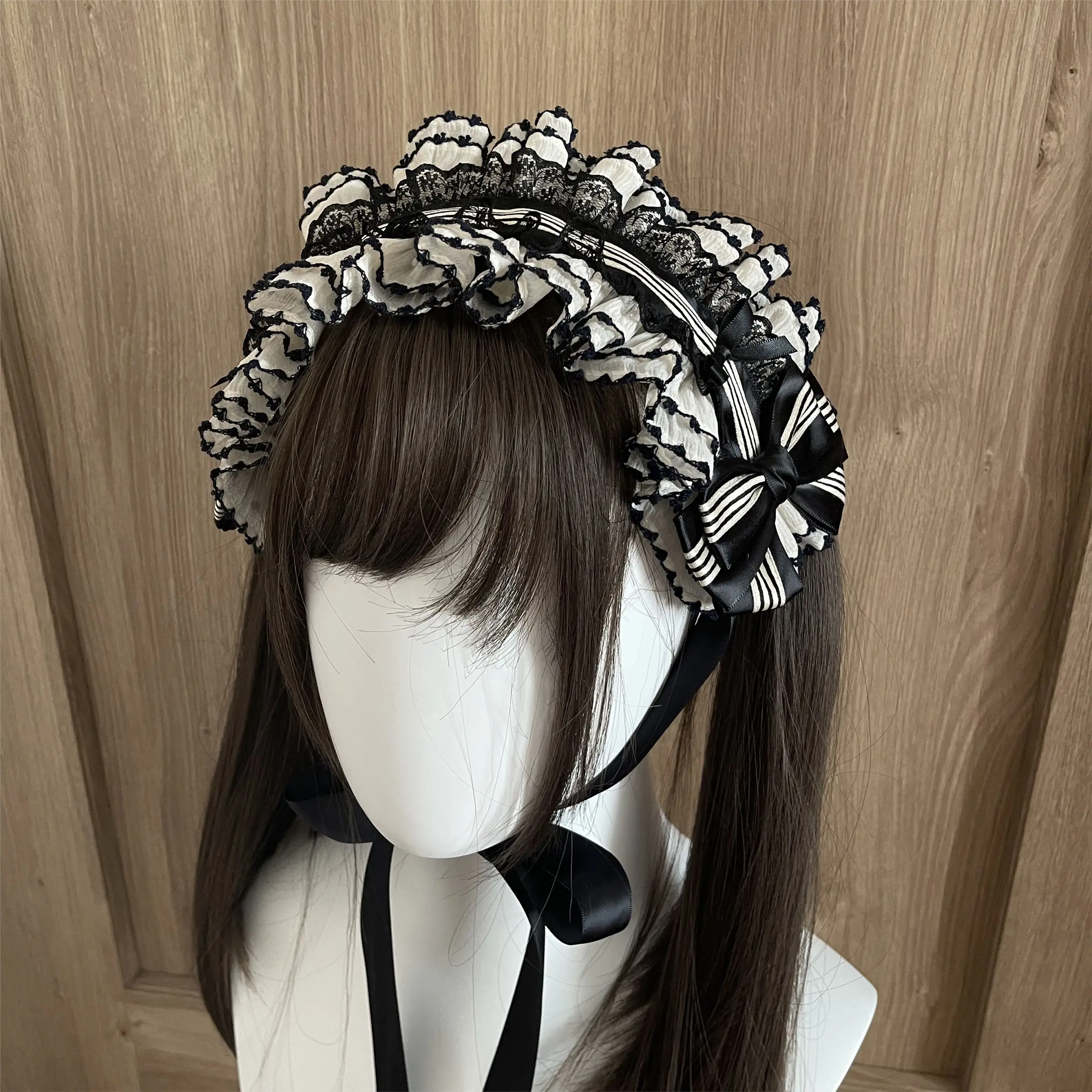 Фото Оригинальная повязка для волос Coalfell Lolita, черно-бежевая, элегантная, в полоску, с кружевом и бантом, ручной работы, милые аксессуары в стиле Лолита №2